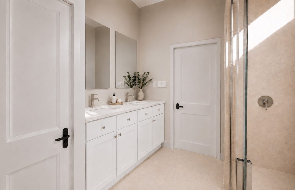 Bath with a white double vanity and walk-in shower